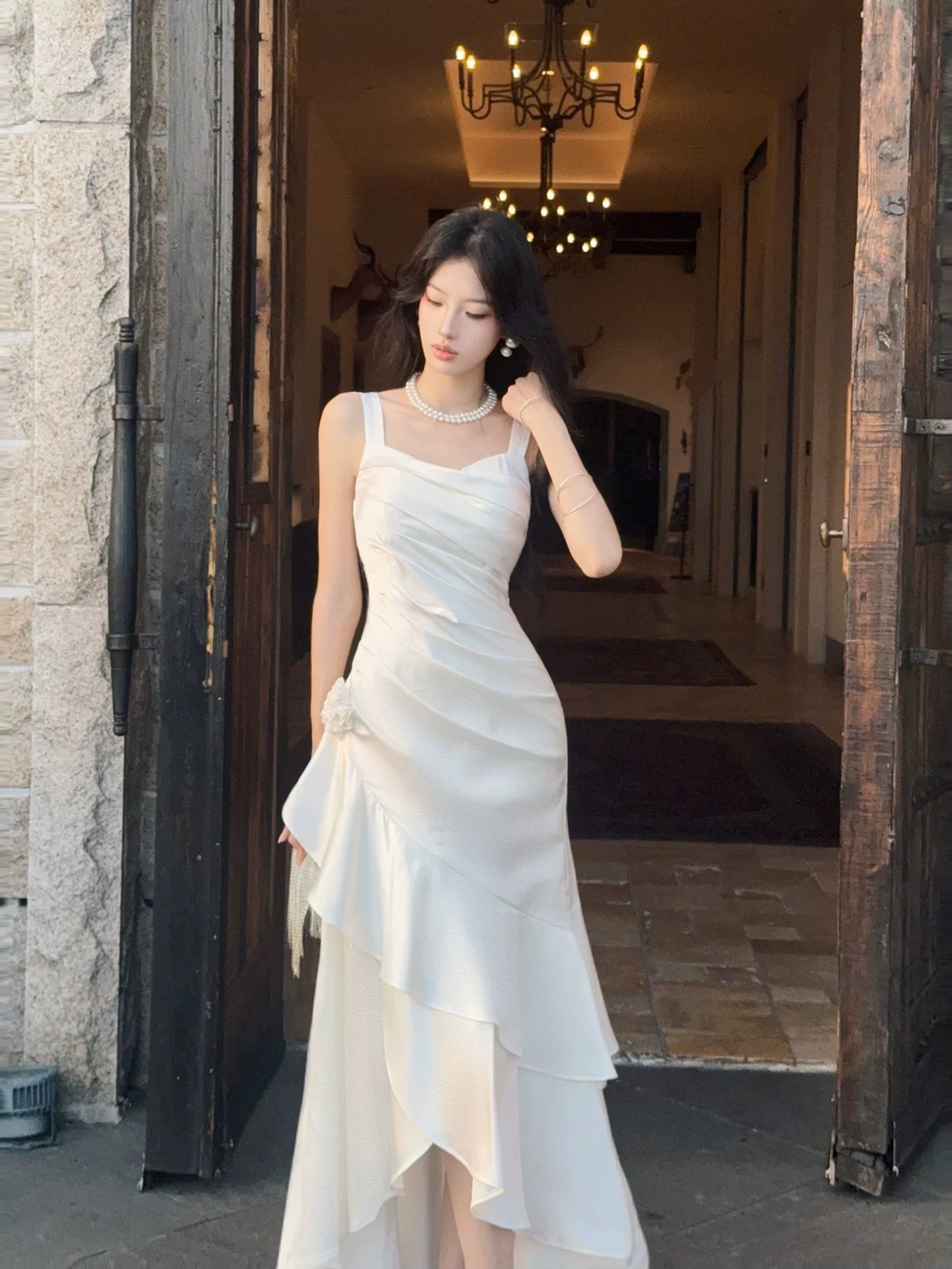 White Mermaid Satin Tea Length Prom Dress, White Long Party Dress