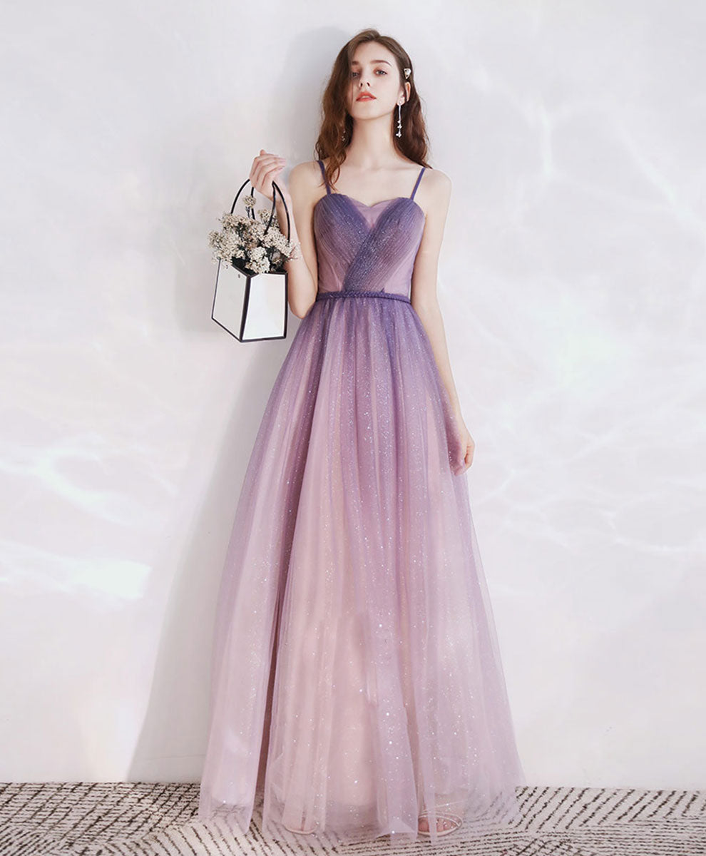 Purple Aline Tulle Long Prom Dress, Tulle Long Purple Evening Dress