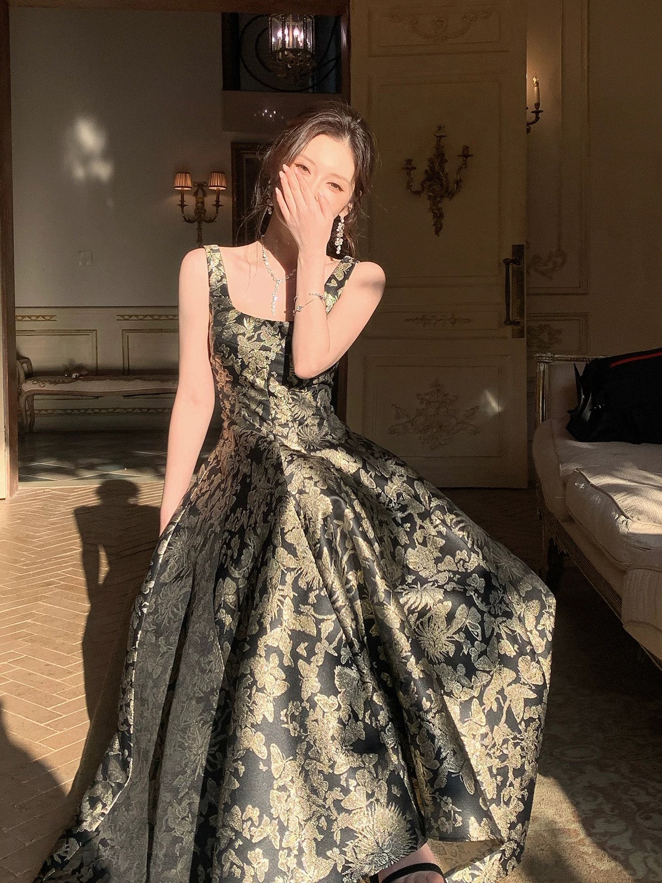 A-Line Floor Length Printed Satin Black Prom Dress