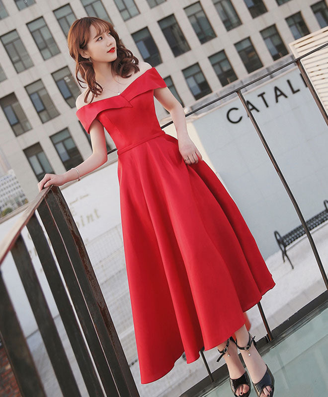 Simple Red Off Shoulder Tea Length Prom Dress, Red Evening Dress